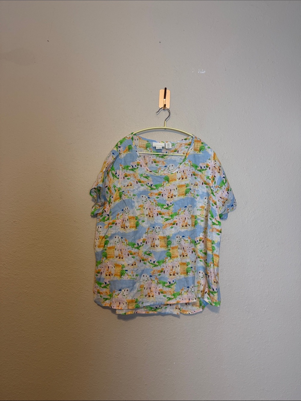 Cynthia Rowley Linen Top Mediterranean Village Scenic Print Short Sleeve Size 1X